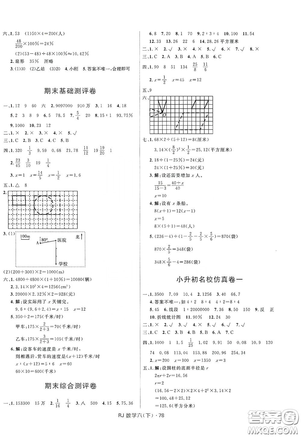 2020創(chuàng)新與探究測試卷六年級數(shù)學(xué)下冊人教版答案