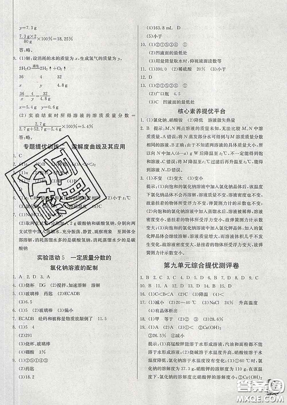 春雨教育2020春實驗班提優(yōu)訓練九年級化學下冊人教版答案