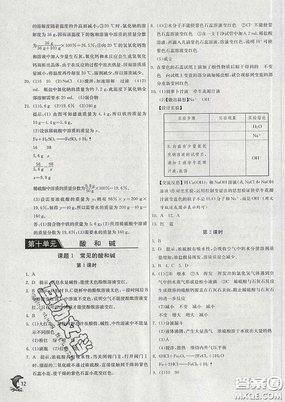 春雨教育2020春實驗班提優(yōu)訓練九年級化學下冊人教版答案