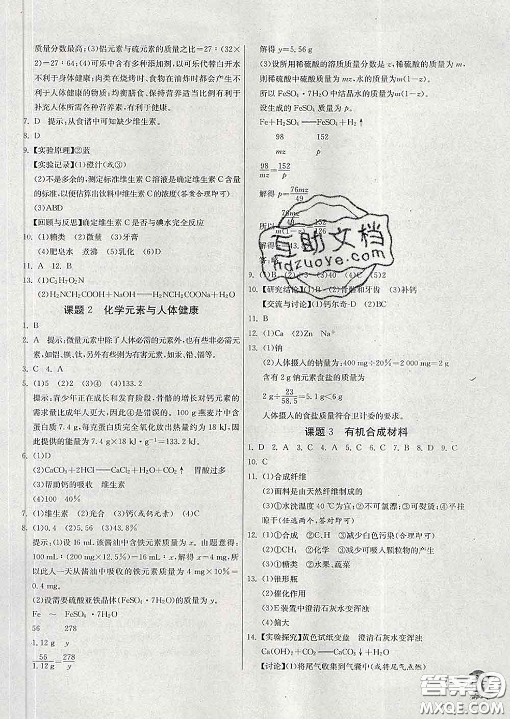 春雨教育2020春實驗班提優(yōu)訓練九年級化學下冊人教版答案