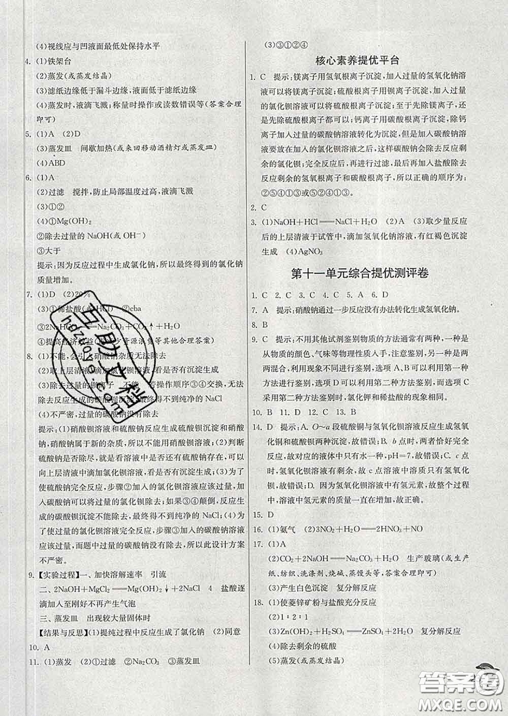 春雨教育2020春實驗班提優(yōu)訓練九年級化學下冊人教版答案