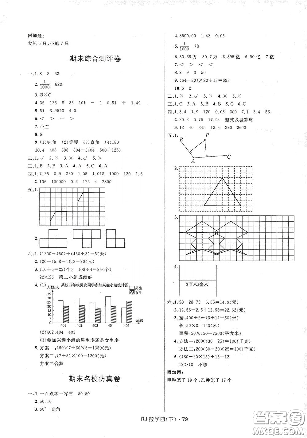 2020創(chuàng)新與探究測試卷四年級數(shù)學(xué)下冊人教版答案