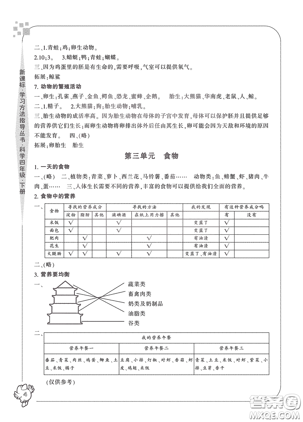 寧波出版社2020學(xué)習(xí)方法指導(dǎo)叢書四年級科學(xué)下冊人教版答案