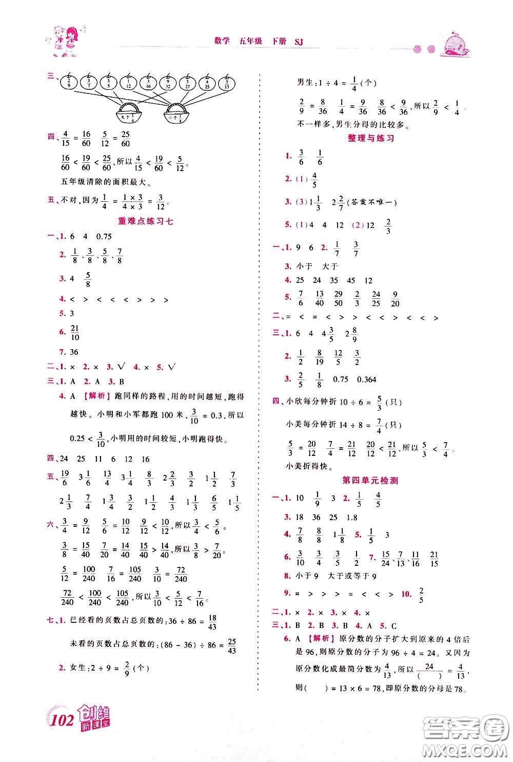 2020年王朝霞創(chuàng)維新課堂同步優(yōu)化訓(xùn)練數(shù)學(xué)五年級下冊SJ蘇教版參考答案