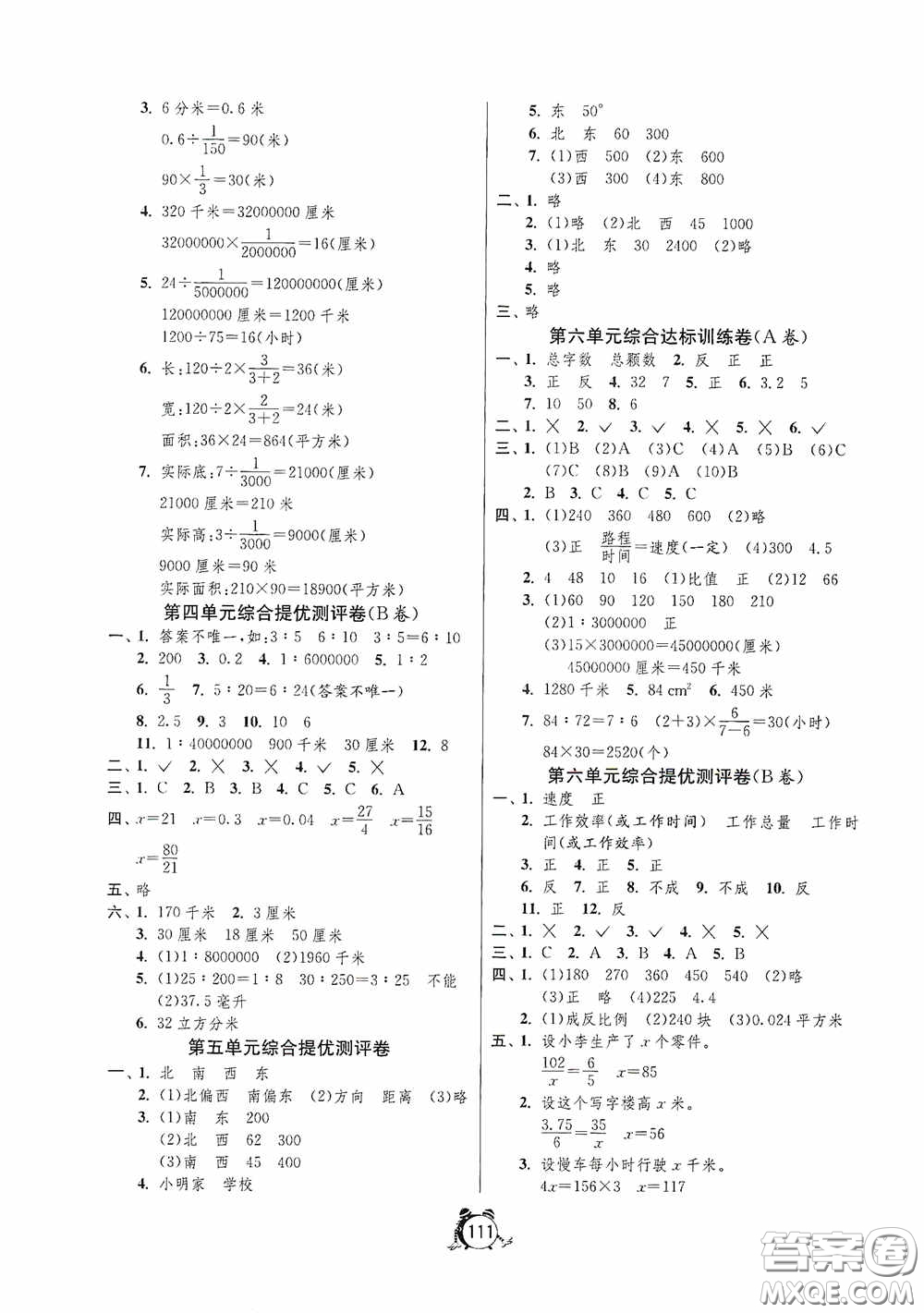 江蘇人民出版社2020提優(yōu)名卷六年級(jí)數(shù)學(xué)下冊(cè)蘇教版答案