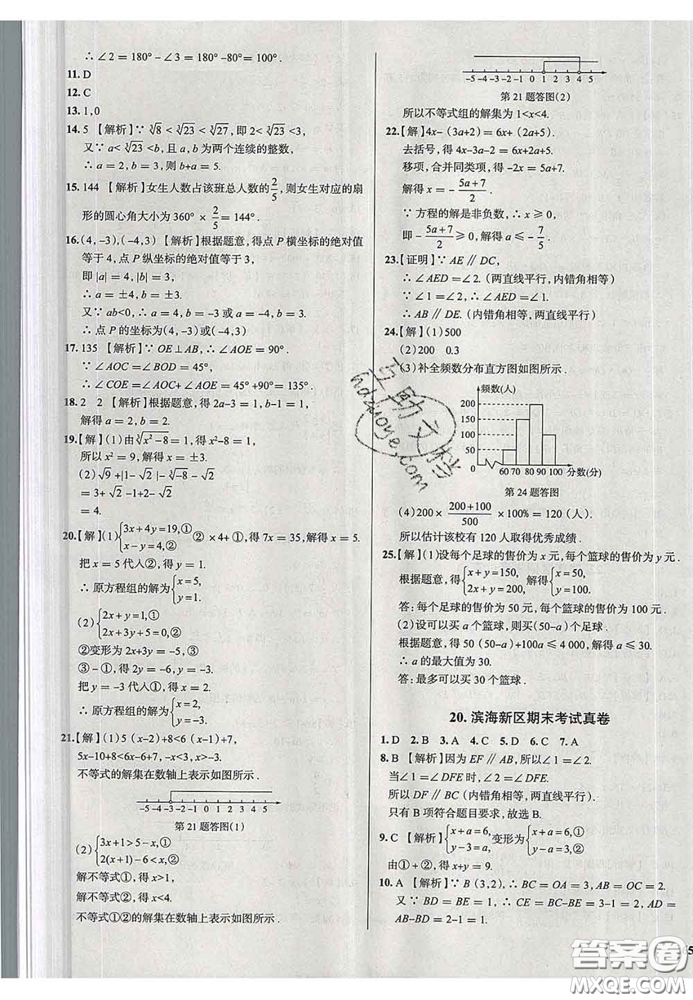 2020新版真題圈天津考生專用練考試卷七年級數(shù)學下冊答案