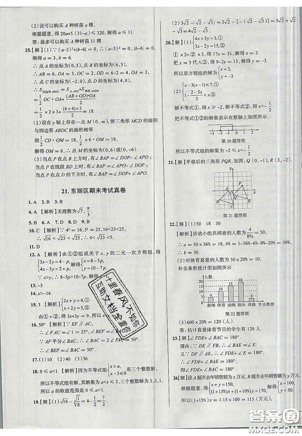 2020新版真題圈天津考生專用練考試卷七年級數(shù)學下冊答案