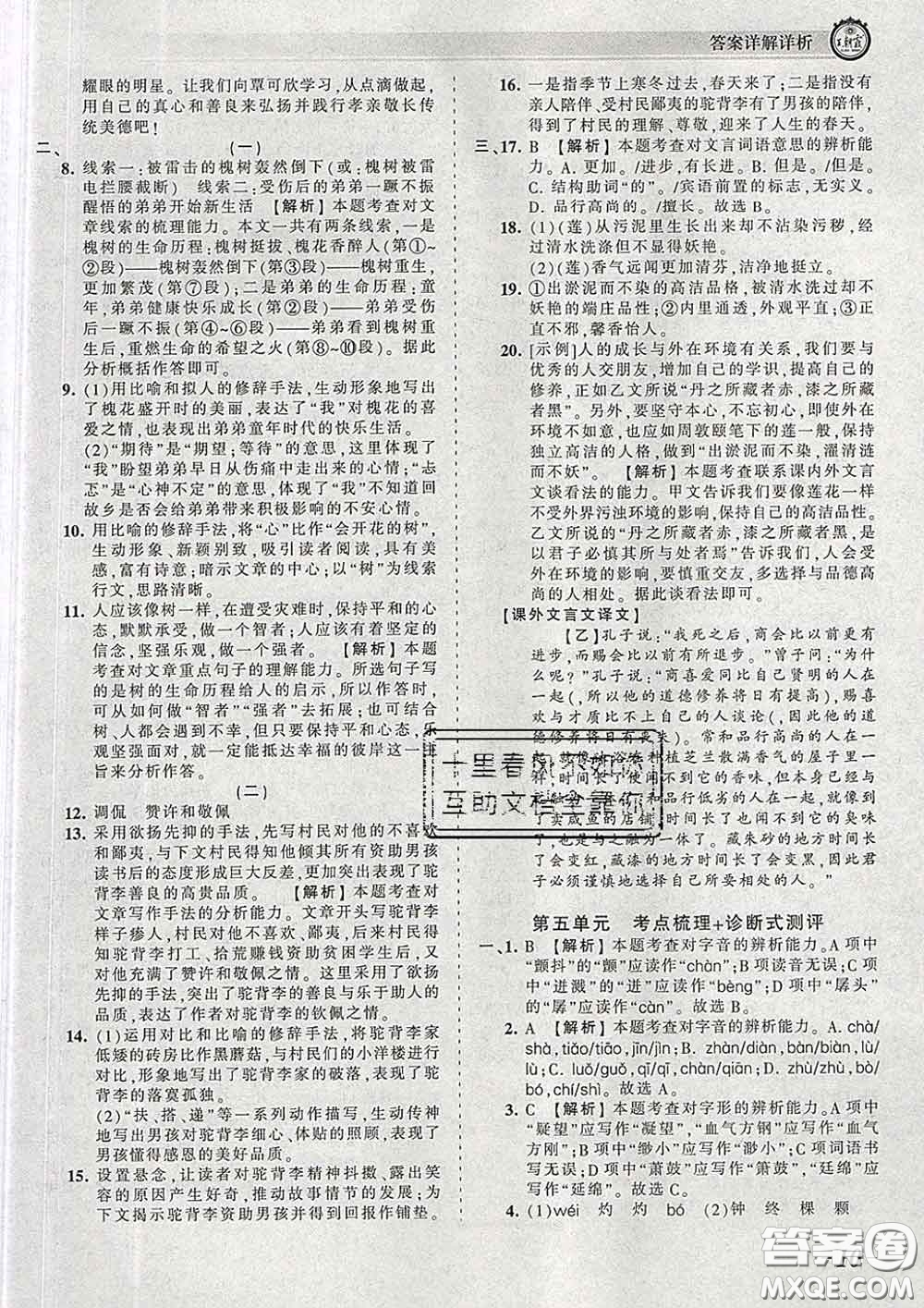 2020新版王朝霞考點(diǎn)梳理時習(xí)卷七年級語文下冊人教版答案