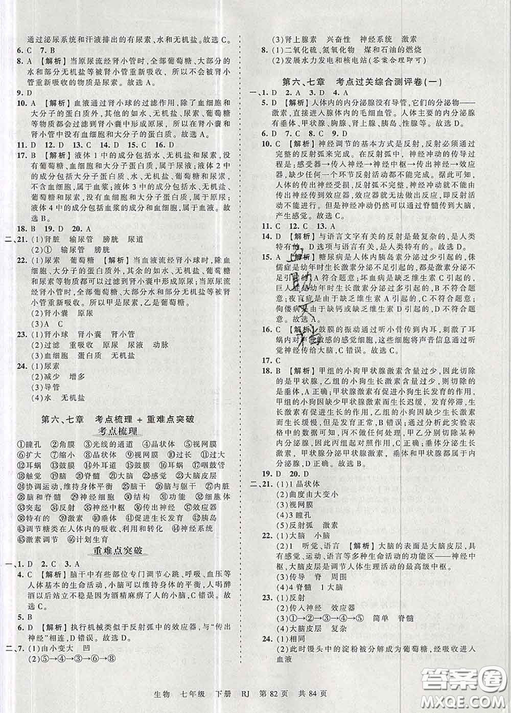 2020新版王朝霞考點(diǎn)梳理時(shí)習(xí)卷七年級(jí)生物下冊(cè)人教版答案