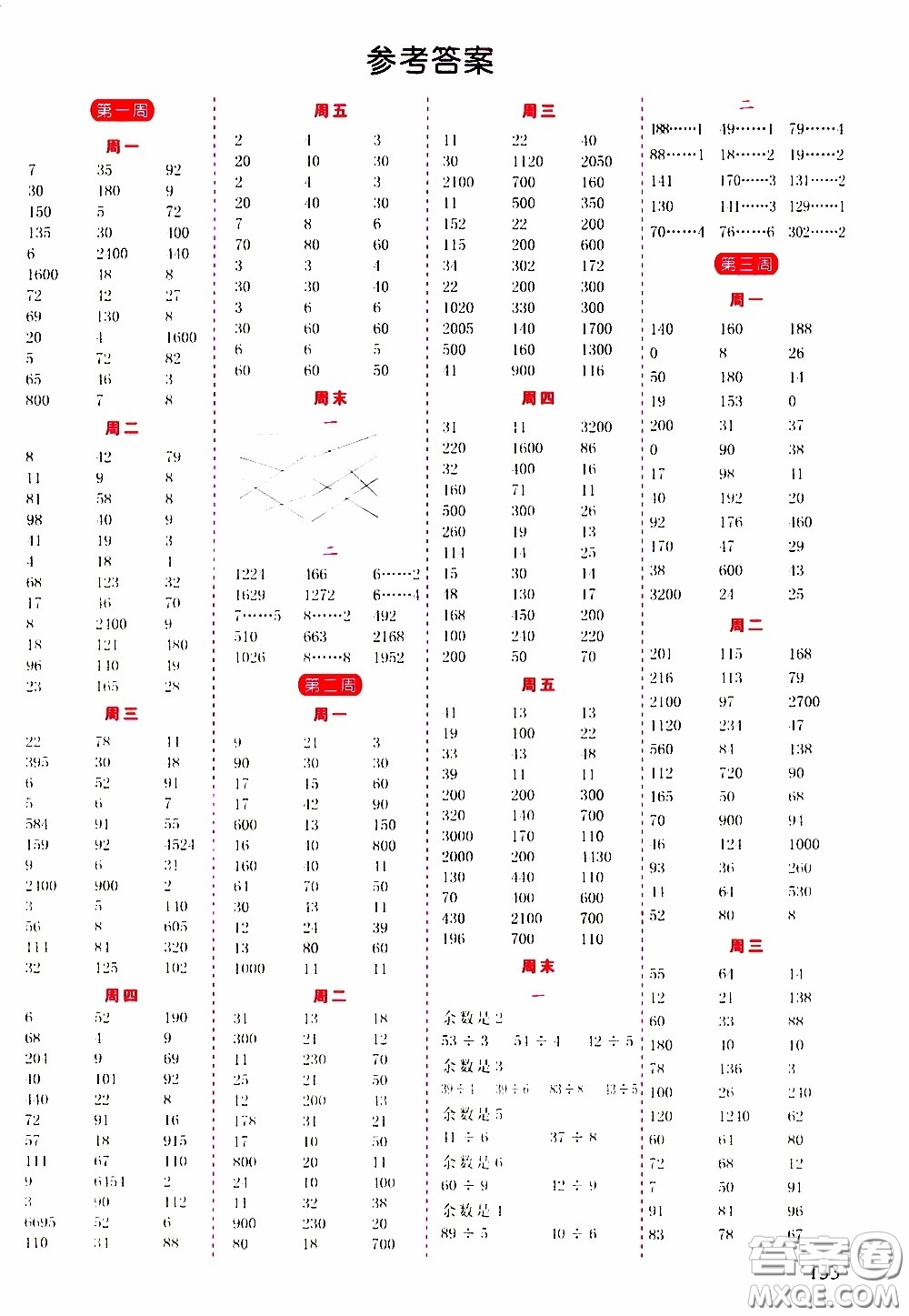 延邊人民出版社2020年小學(xué)生勵(lì)耘速算三年級下冊人教版浙江專版參考答案