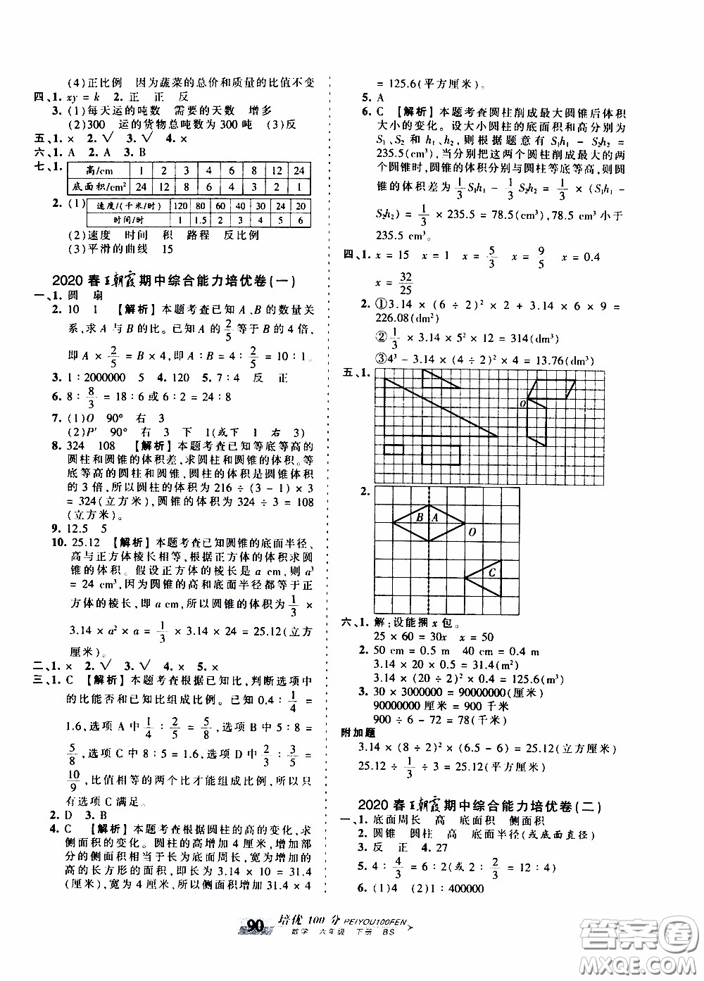 2020年王朝霞培優(yōu)100分?jǐn)?shù)學(xué)六年級下冊BS北師版參考答案