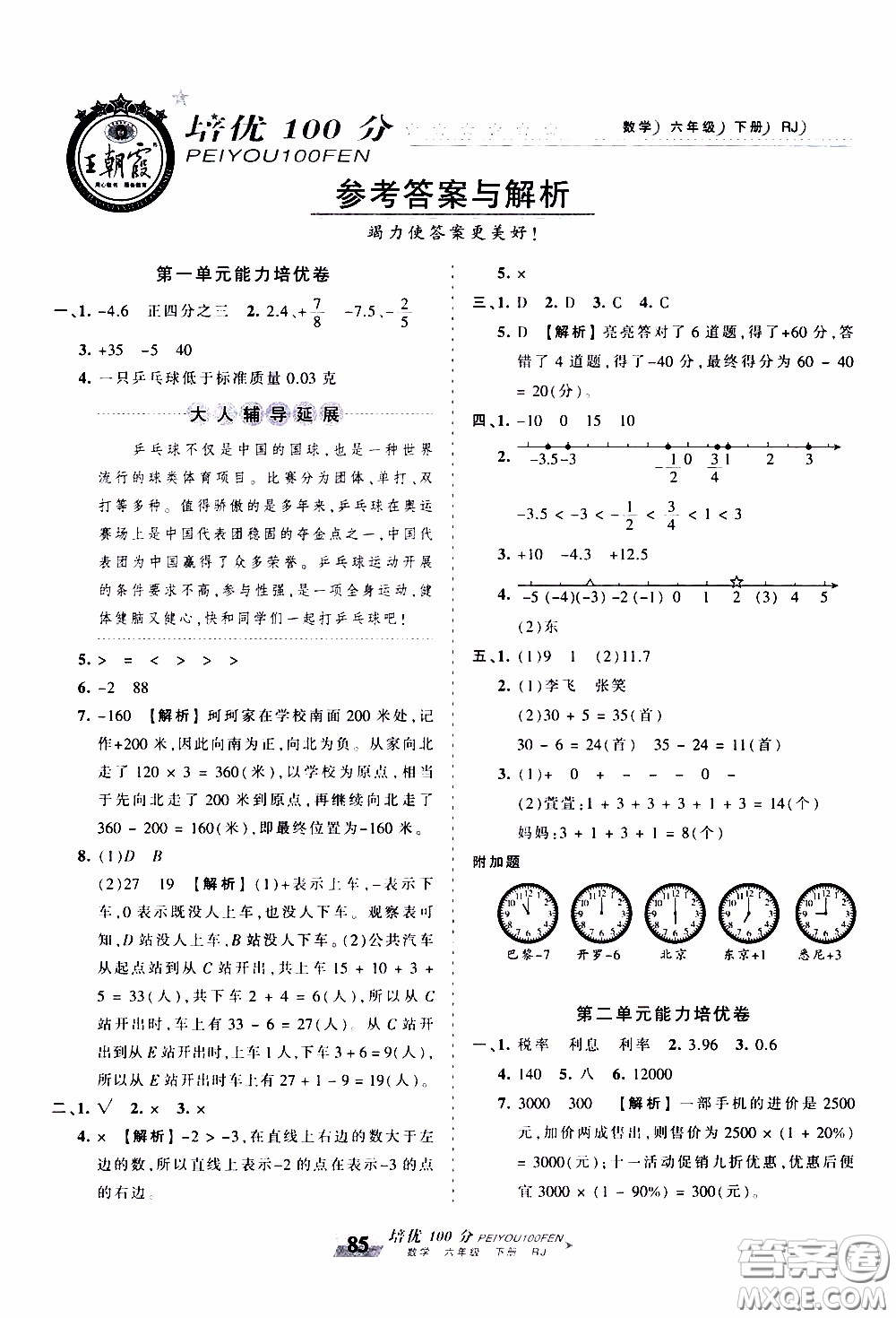 2020年王朝霞培優(yōu)100分?jǐn)?shù)學(xué)六年級(jí)下冊(cè)RJ人教版參考答案