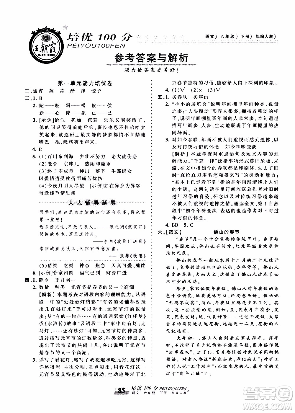 2020年王朝霞培優(yōu)100分語(yǔ)文六年級(jí)下冊(cè)RJ人教版參考答案