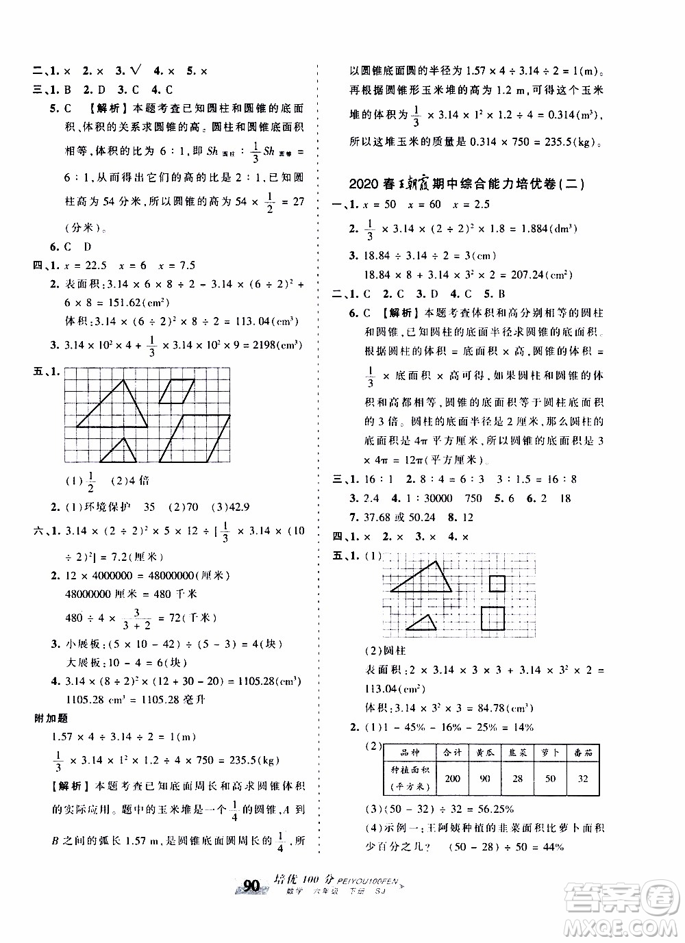 2020年王朝霞培優(yōu)100分?jǐn)?shù)學(xué)六年級(jí)下冊(cè)SJ蘇教版參考答案