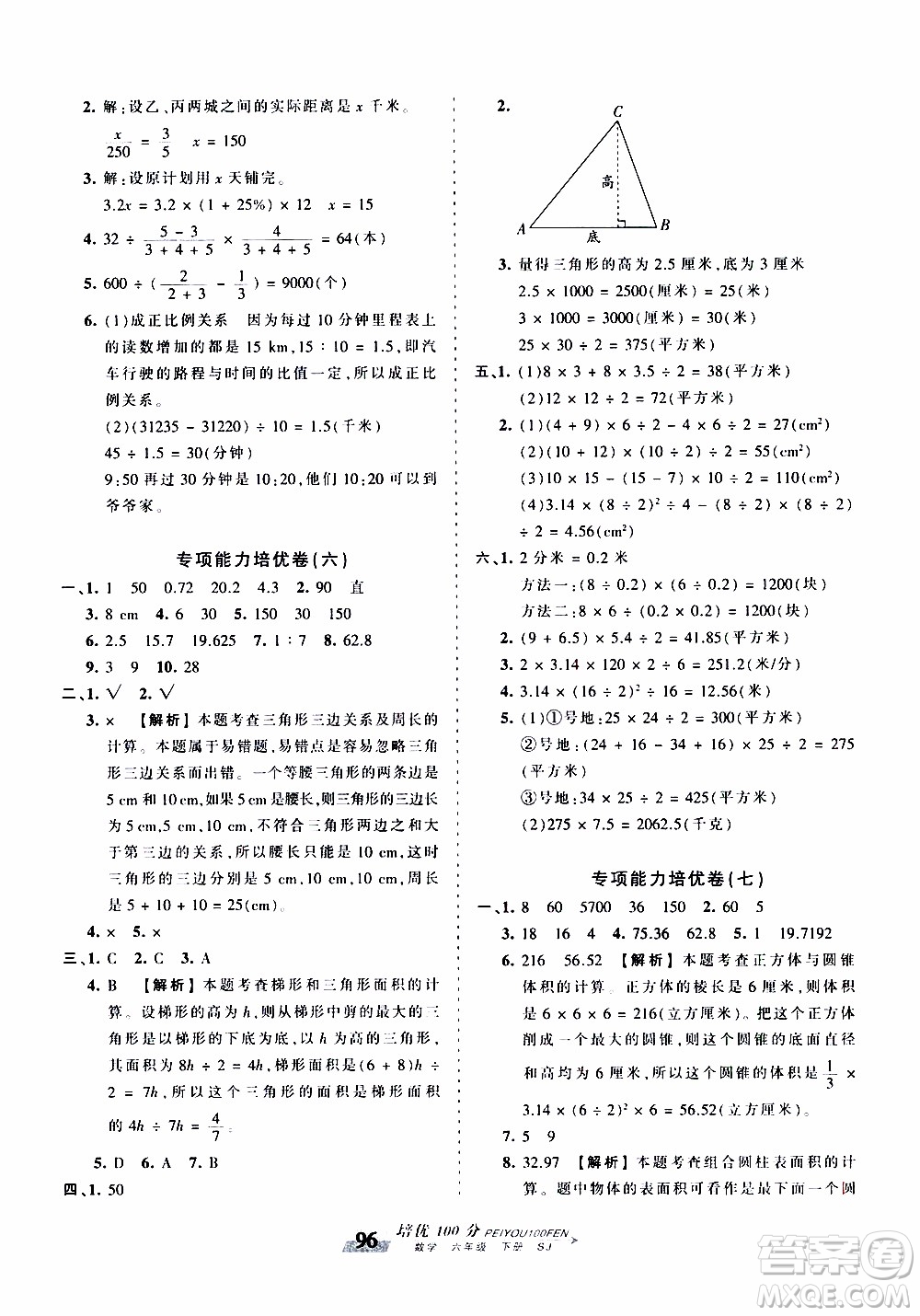 2020年王朝霞培優(yōu)100分?jǐn)?shù)學(xué)六年級(jí)下冊(cè)SJ蘇教版參考答案