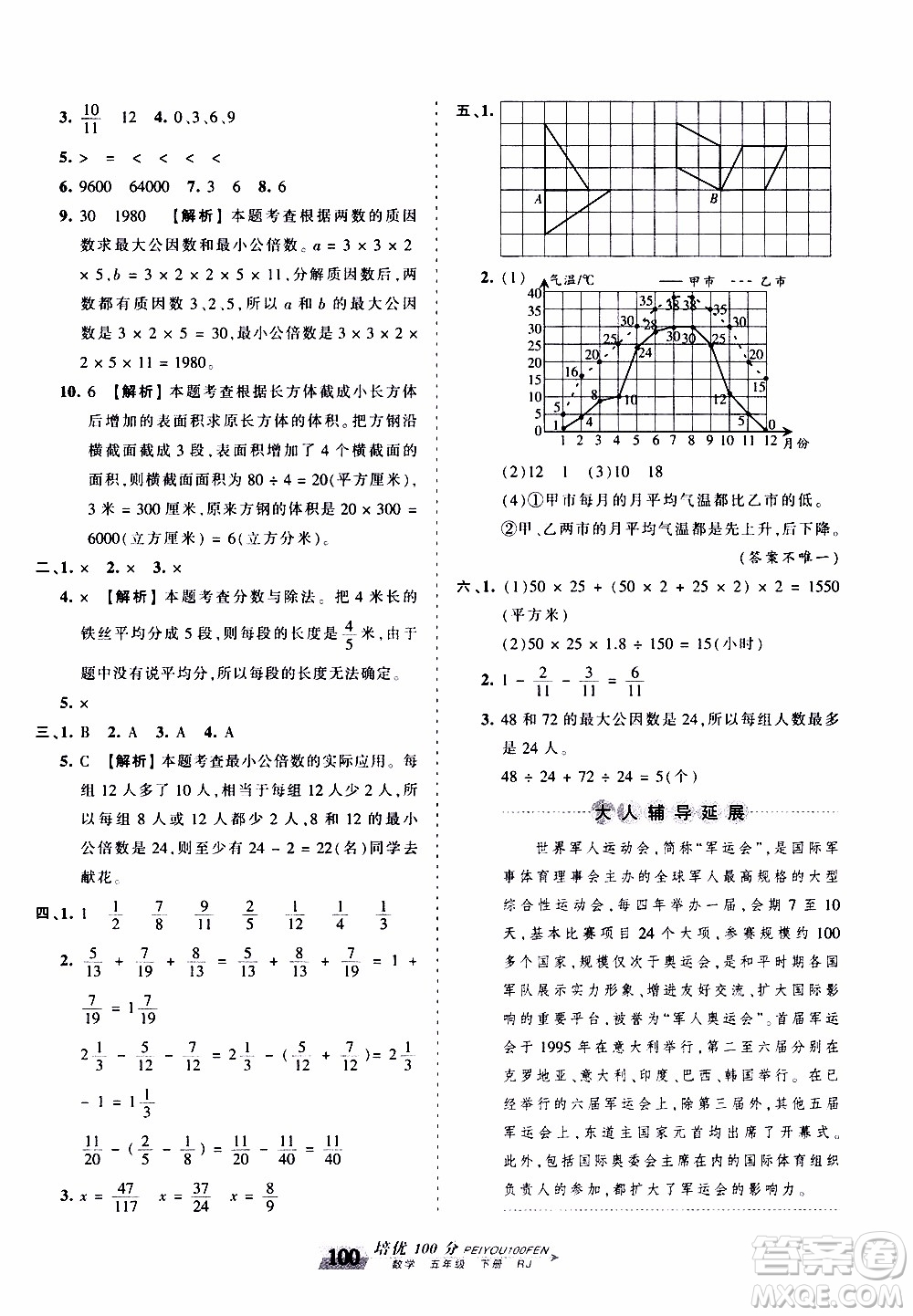 2020年王朝霞培優(yōu)100分?jǐn)?shù)學(xué)五年級下冊RJ人教版參考答案