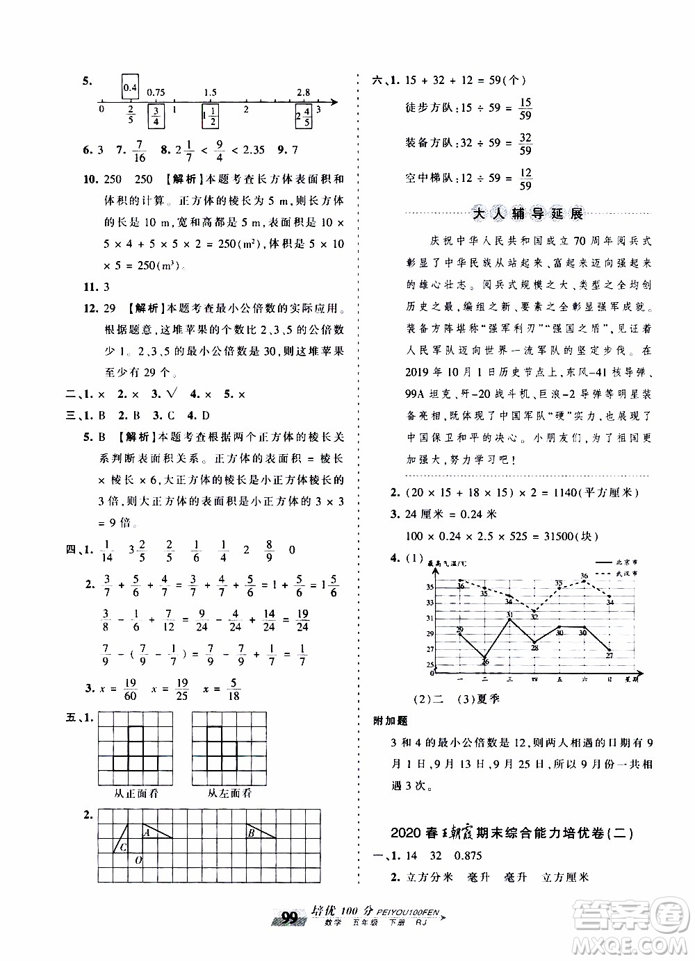 2020年王朝霞培優(yōu)100分?jǐn)?shù)學(xué)五年級下冊RJ人教版參考答案