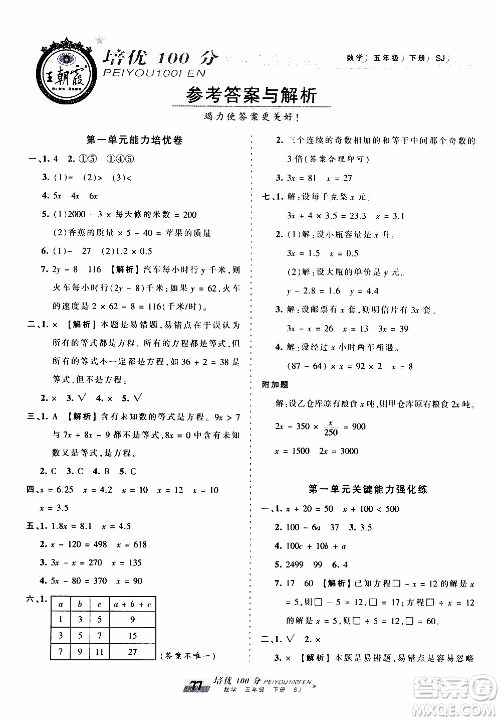 2020年王朝霞培優(yōu)100分?jǐn)?shù)學(xué)五年級下冊SJ蘇教版參考答案