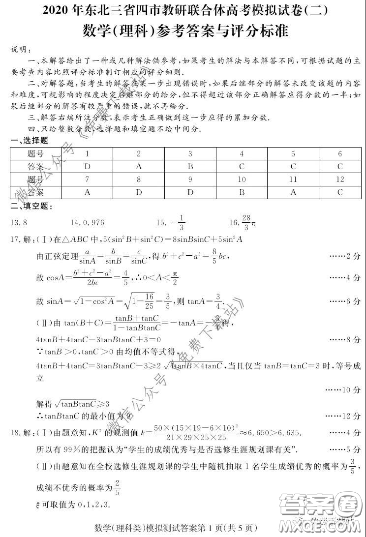 2020年?yáng)|北三省四市教研聯(lián)合體高考模擬試卷二理科數(shù)學(xué)試題及答案