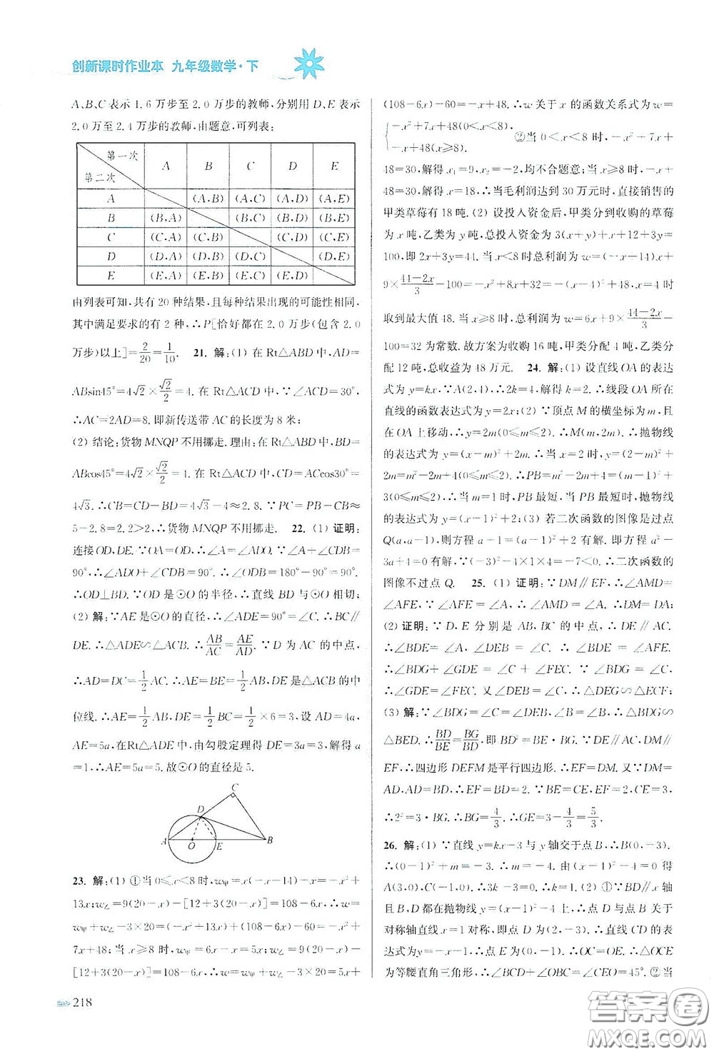 江蘇鳳凰美術(shù)出版社2020創(chuàng)新課時作業(yè)本九年級數(shù)學(xué)下冊江蘇版答案