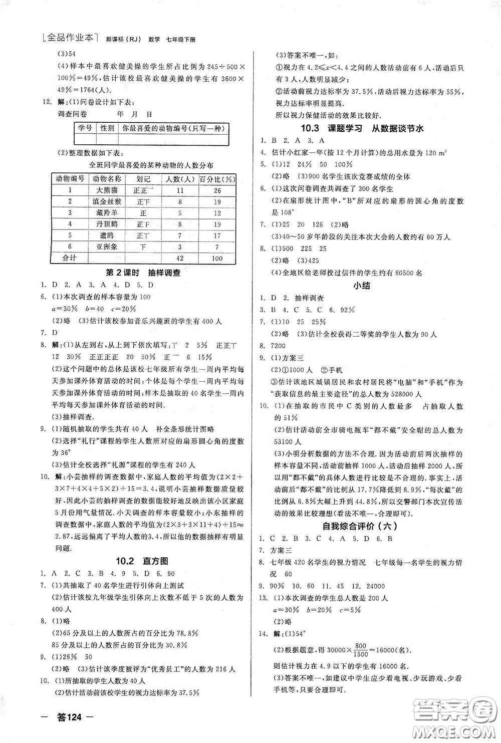 陽光出版社2020全品作業(yè)本七年級數(shù)學(xué)下冊新課標人教版江西省專版答案