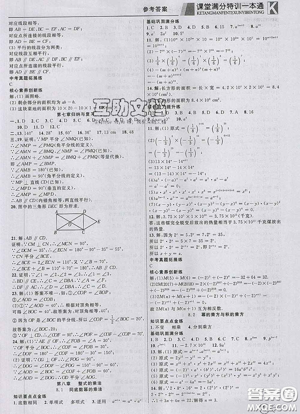 2020新版贏在課堂課堂滿分特訓(xùn)一本通七年級(jí)數(shù)學(xué)下冊(cè)冀教版答案