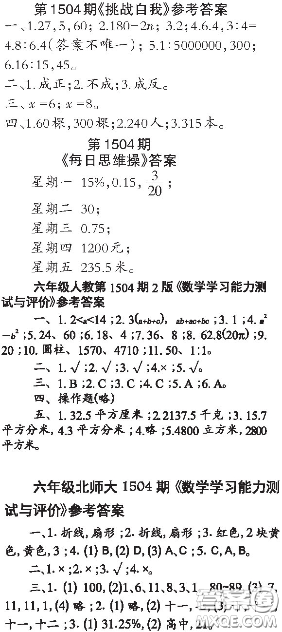 2020年小學生數(shù)學報六年級第1504期答案