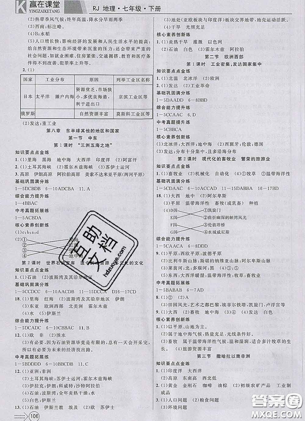 2020新版贏在課堂課堂滿分特訓(xùn)一本通七年級(jí)地理下冊(cè)人教版答案