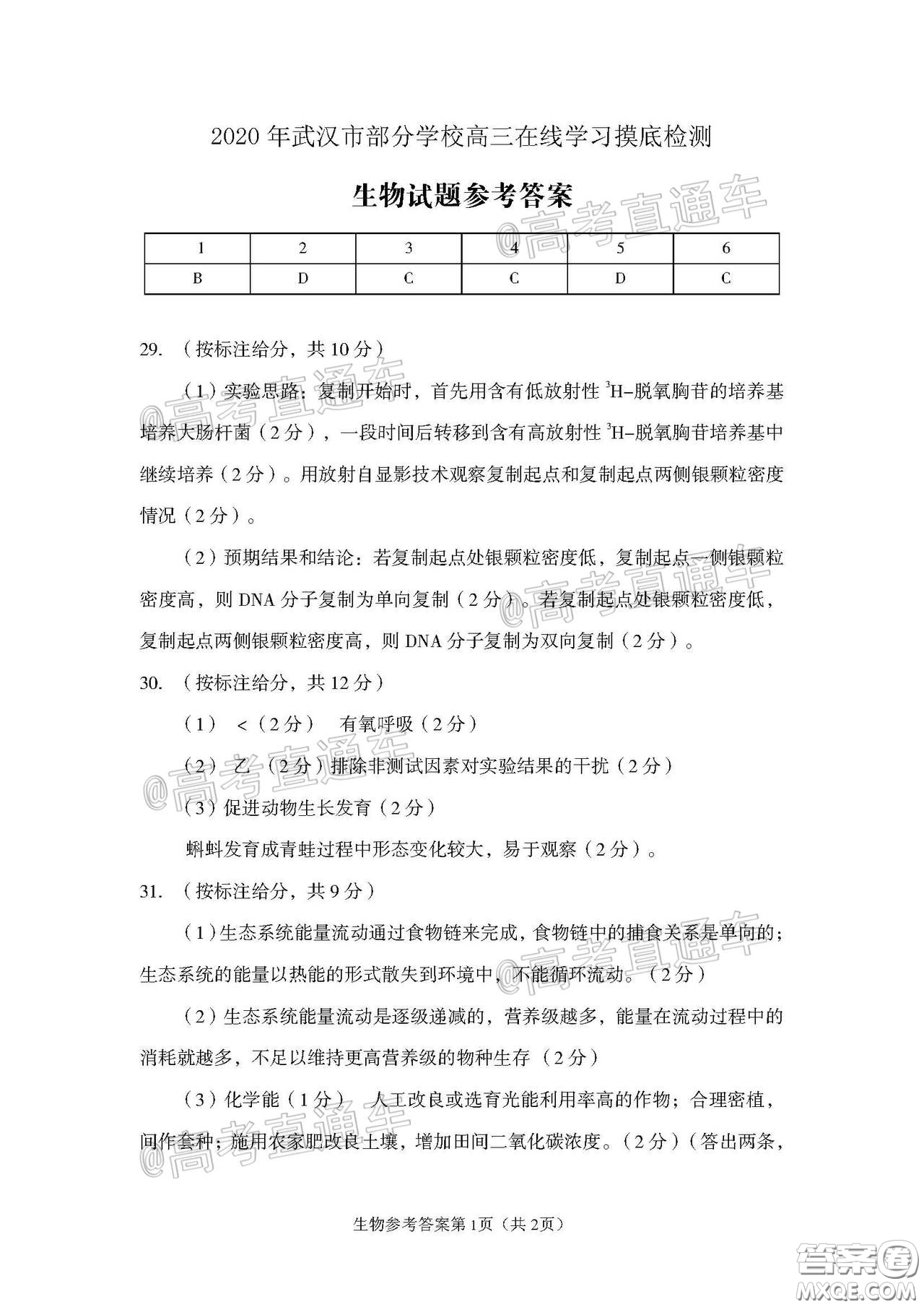 2020年武漢市部分學(xué)校高三在線學(xué)習(xí)摸底檢測(cè)理科綜合試題及答案