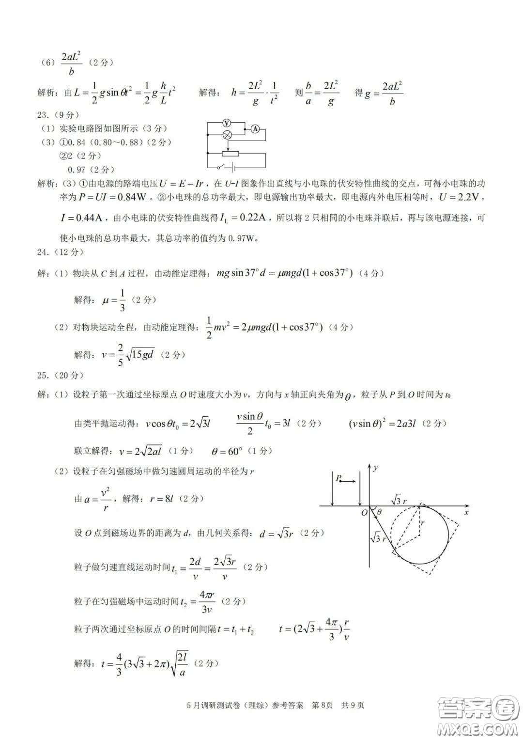 2020年重慶5月調(diào)研測試卷康德卷理科綜合答案