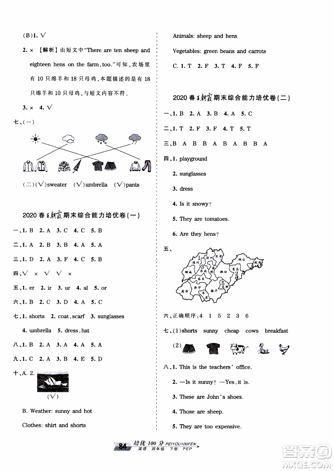 2020年王朝霞培優(yōu)100分英語四年級(jí)下冊(cè)PEP人教版參考答案