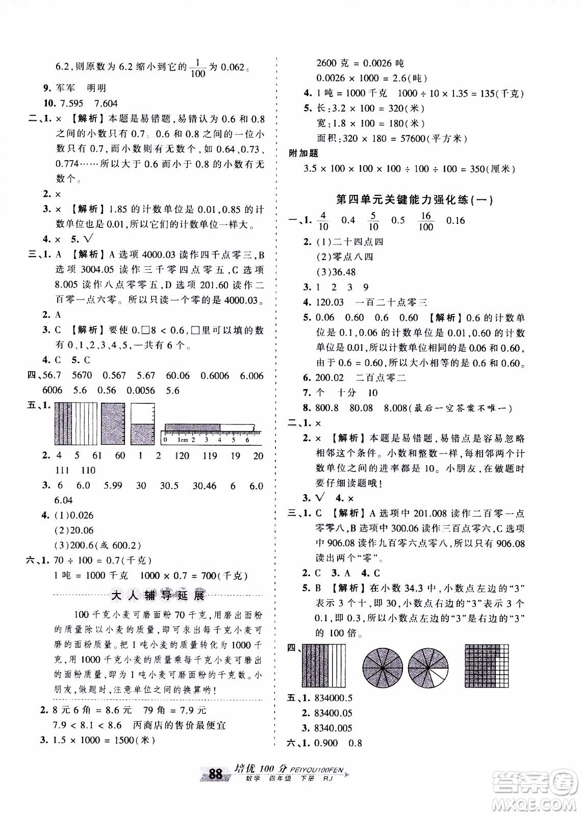 2020年王朝霞培優(yōu)100分數(shù)學四年級下冊RJ人教版參考答案