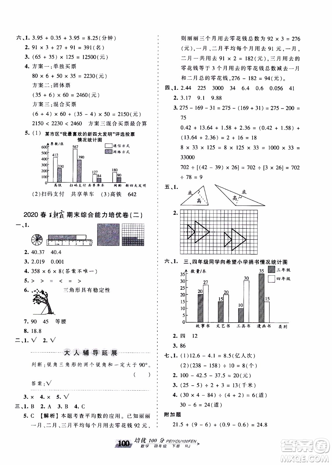 2020年王朝霞培優(yōu)100分數(shù)學四年級下冊RJ人教版參考答案