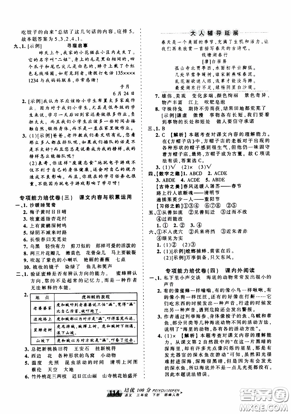 2020年王朝霞培優(yōu)100分語(yǔ)文三年級(jí)下冊(cè)RJ人教版參考答案