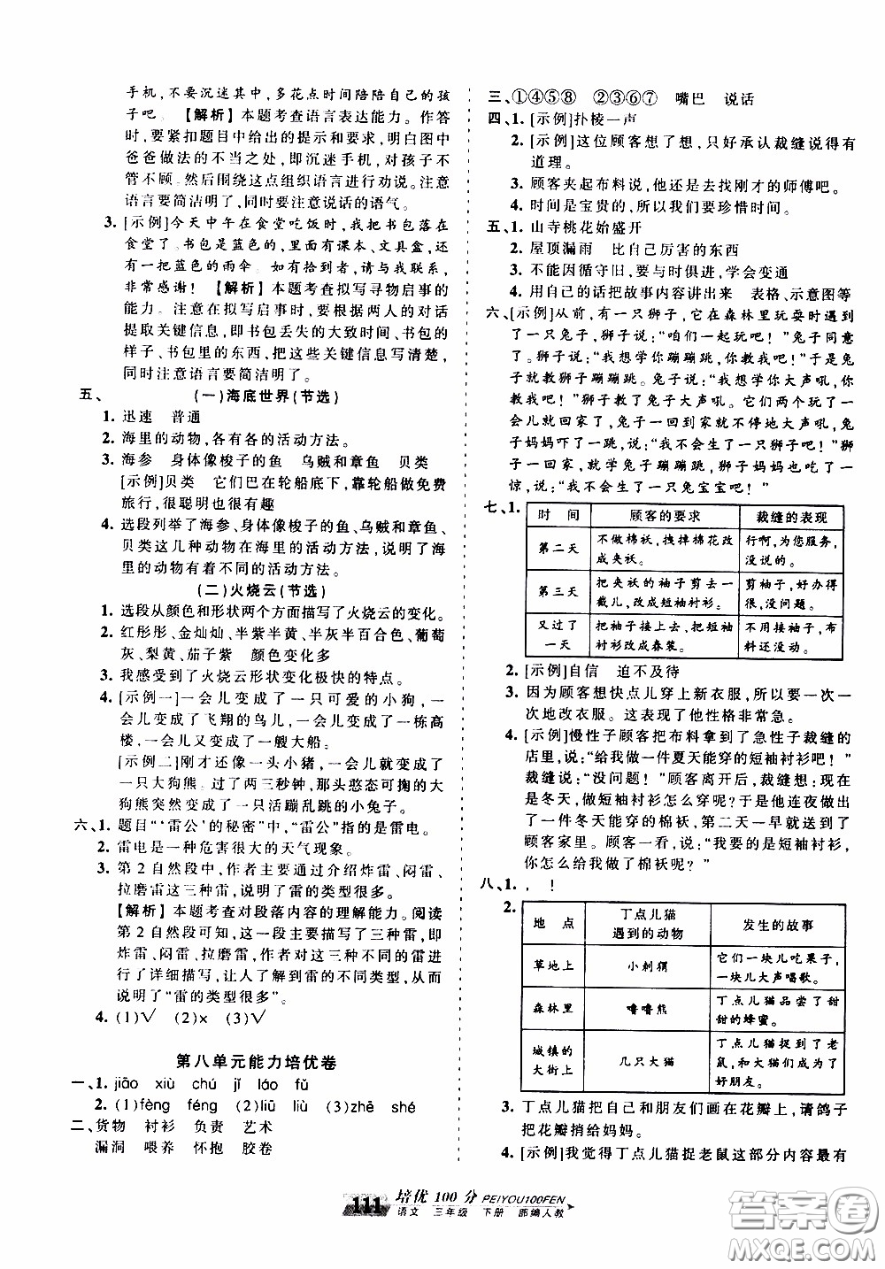 2020年王朝霞培優(yōu)100分語(yǔ)文三年級(jí)下冊(cè)RJ人教版參考答案