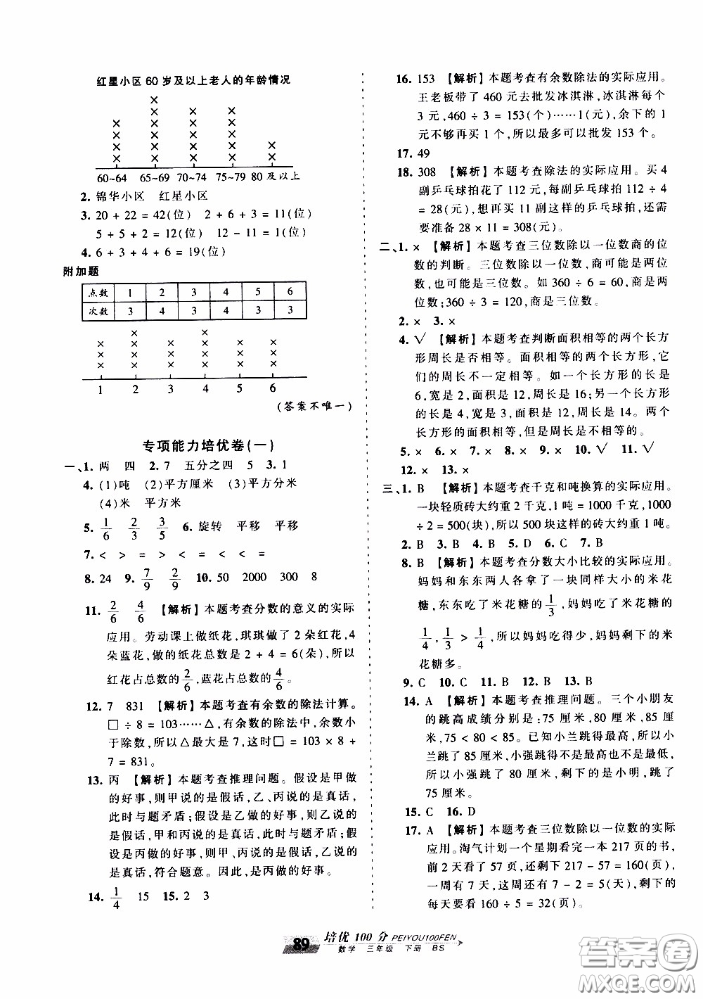 2020年王朝霞培優(yōu)100分?jǐn)?shù)學(xué)三年級下冊BS北師版參考答案