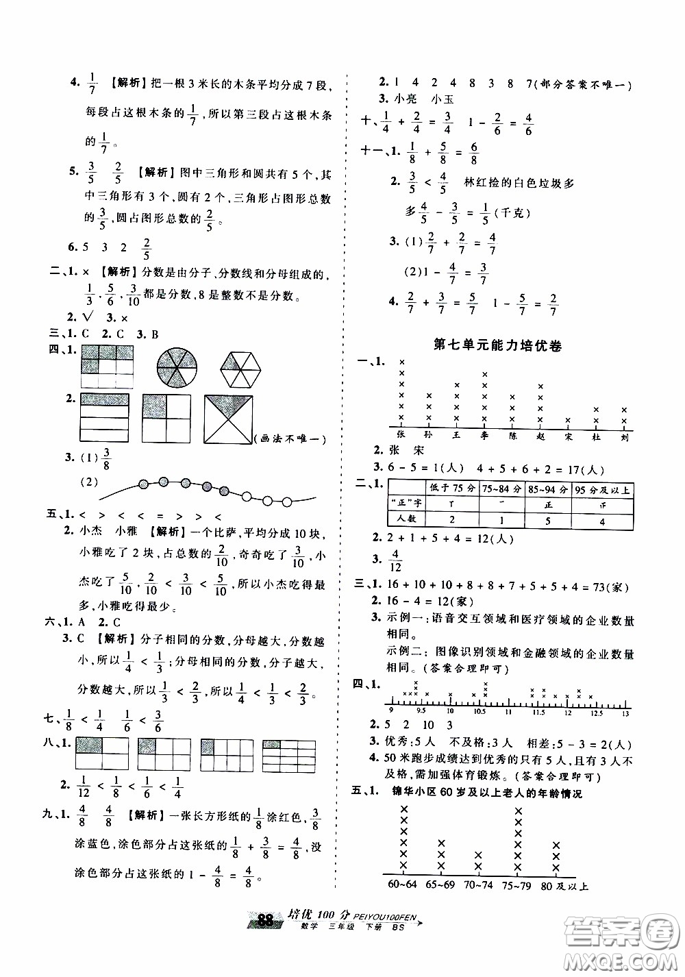 2020年王朝霞培優(yōu)100分?jǐn)?shù)學(xué)三年級下冊BS北師版參考答案