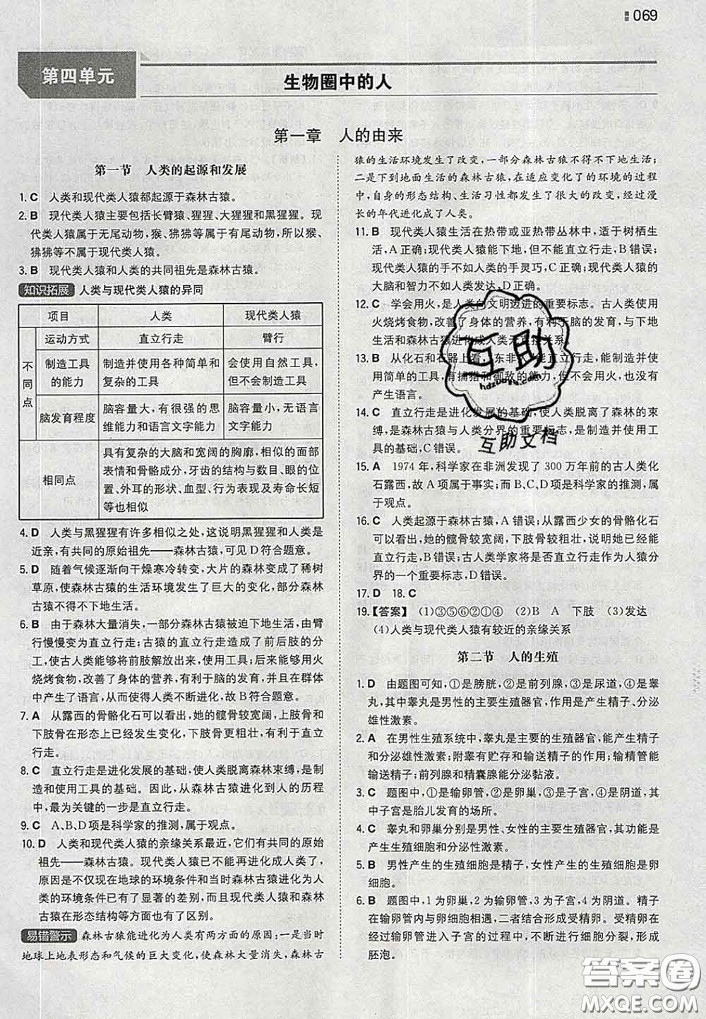 2020新版一本同步訓(xùn)練初中生物七年級(jí)下冊(cè)人教版答案