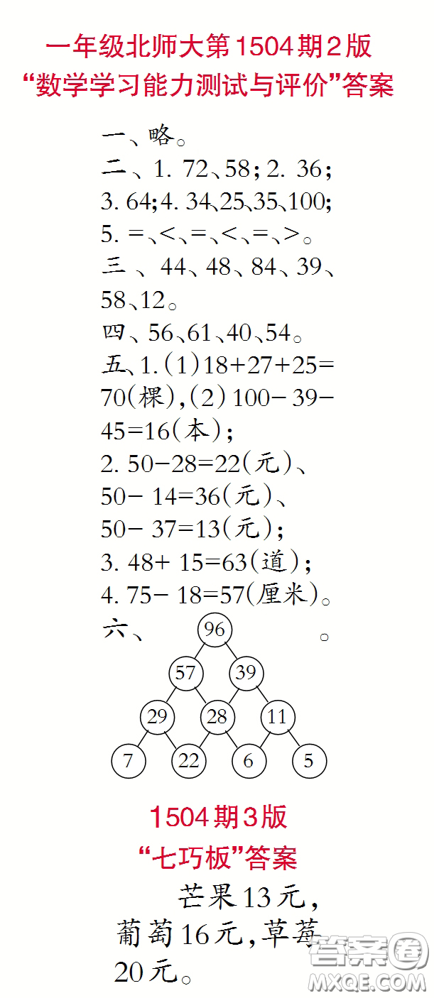 2020年小學生數(shù)學報一年級下學期第1504期答案