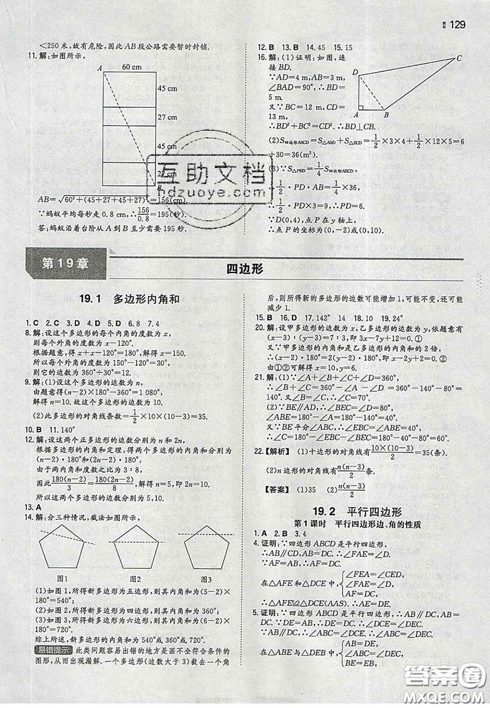 2020新版一本同步訓(xùn)練初中數(shù)學(xué)八年級下冊滬科版安徽專版答案