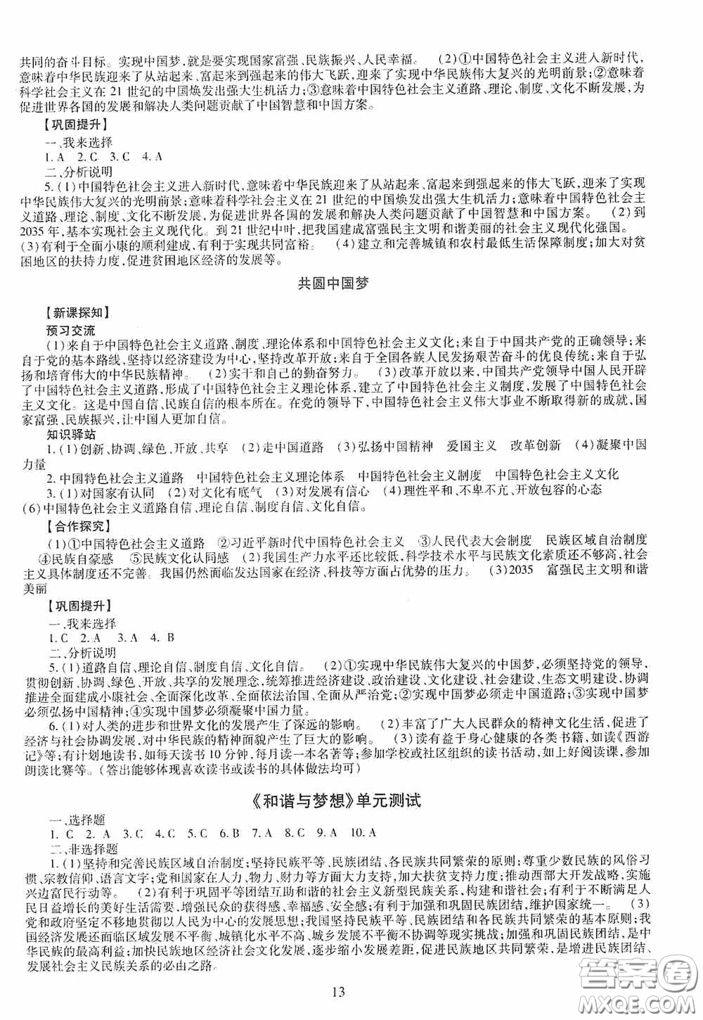 明天出版社2020智慧學(xué)習(xí)道德與法治九年級全一冊答案