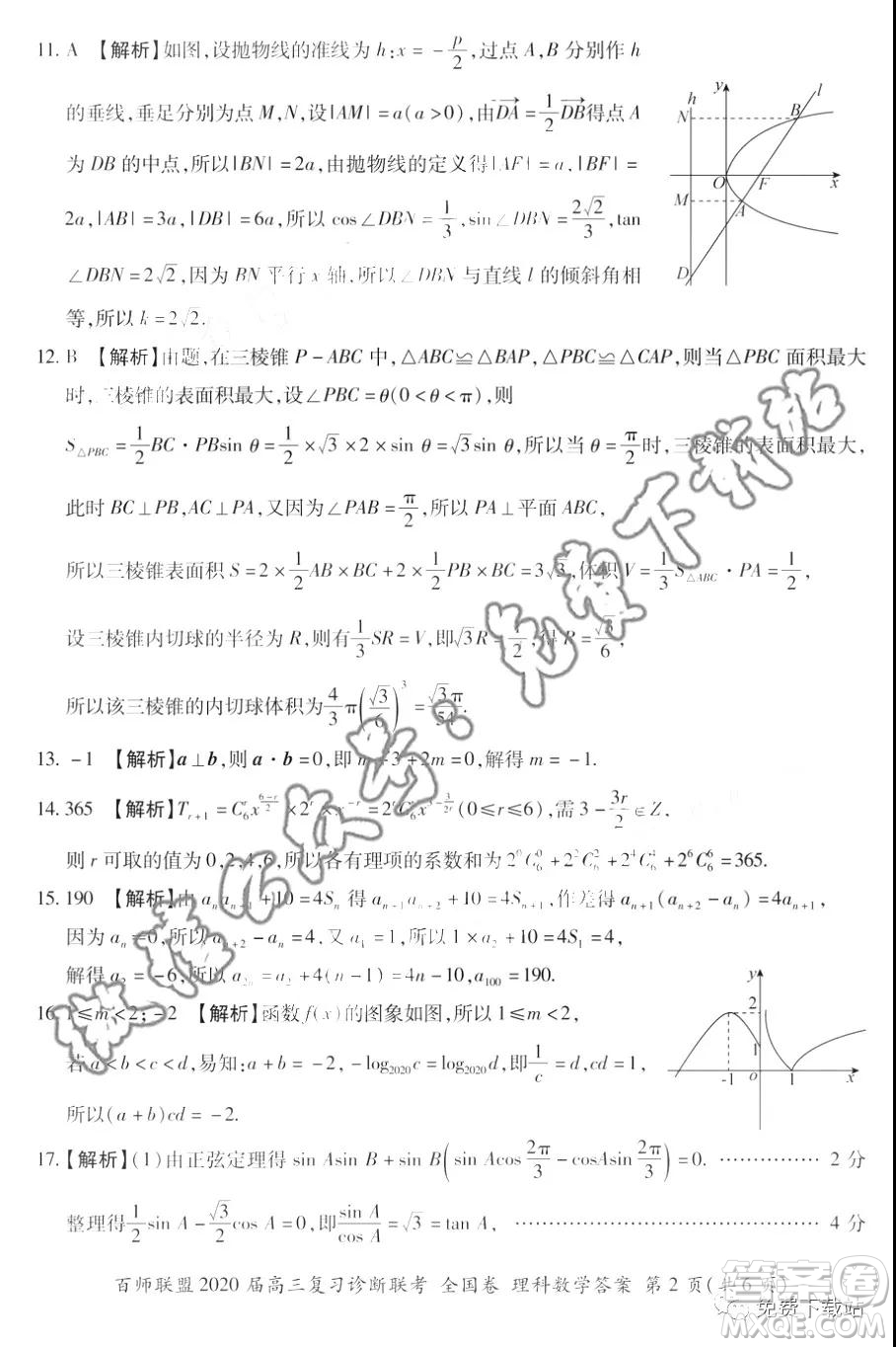 百師聯(lián)盟2020屆高三復(fù)習(xí)診斷聯(lián)考全國卷理科數(shù)學(xué)答案