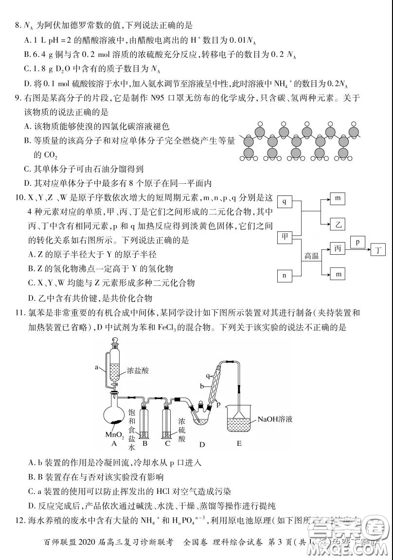 百師聯(lián)盟2020屆高三復(fù)習(xí)診斷聯(lián)考全國卷理科綜合答案