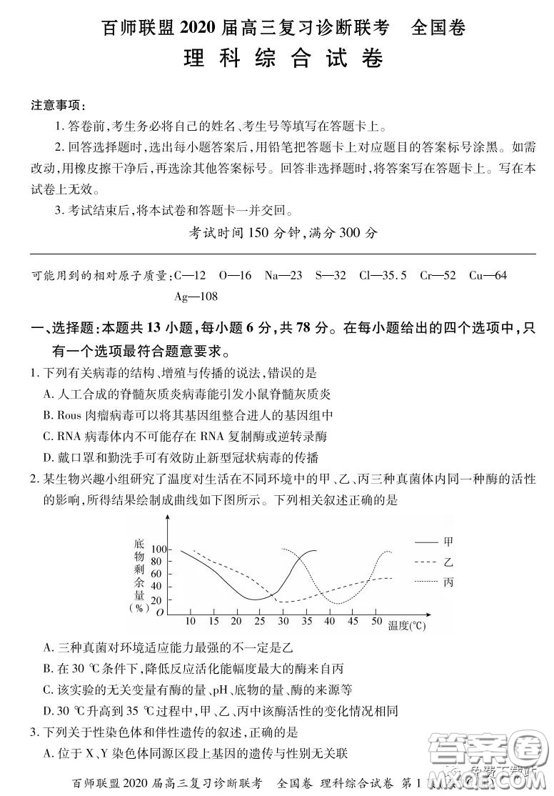 百師聯(lián)盟2020屆高三復(fù)習(xí)診斷聯(lián)考全國卷理科綜合答案