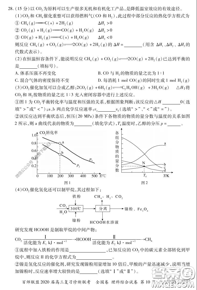 百師聯(lián)盟2020屆高三復(fù)習(xí)診斷聯(lián)考全國卷理科綜合答案