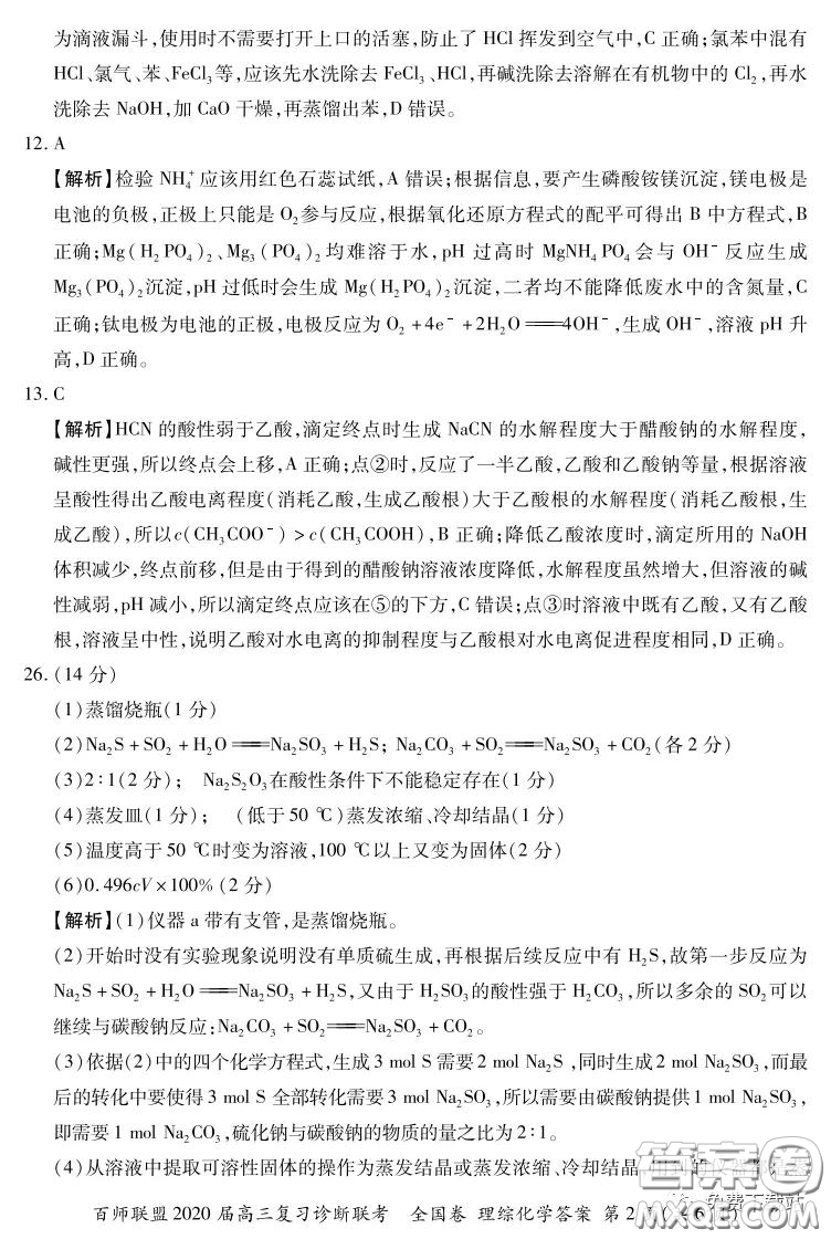 百師聯(lián)盟2020屆高三復(fù)習(xí)診斷聯(lián)考全國卷理科綜合答案