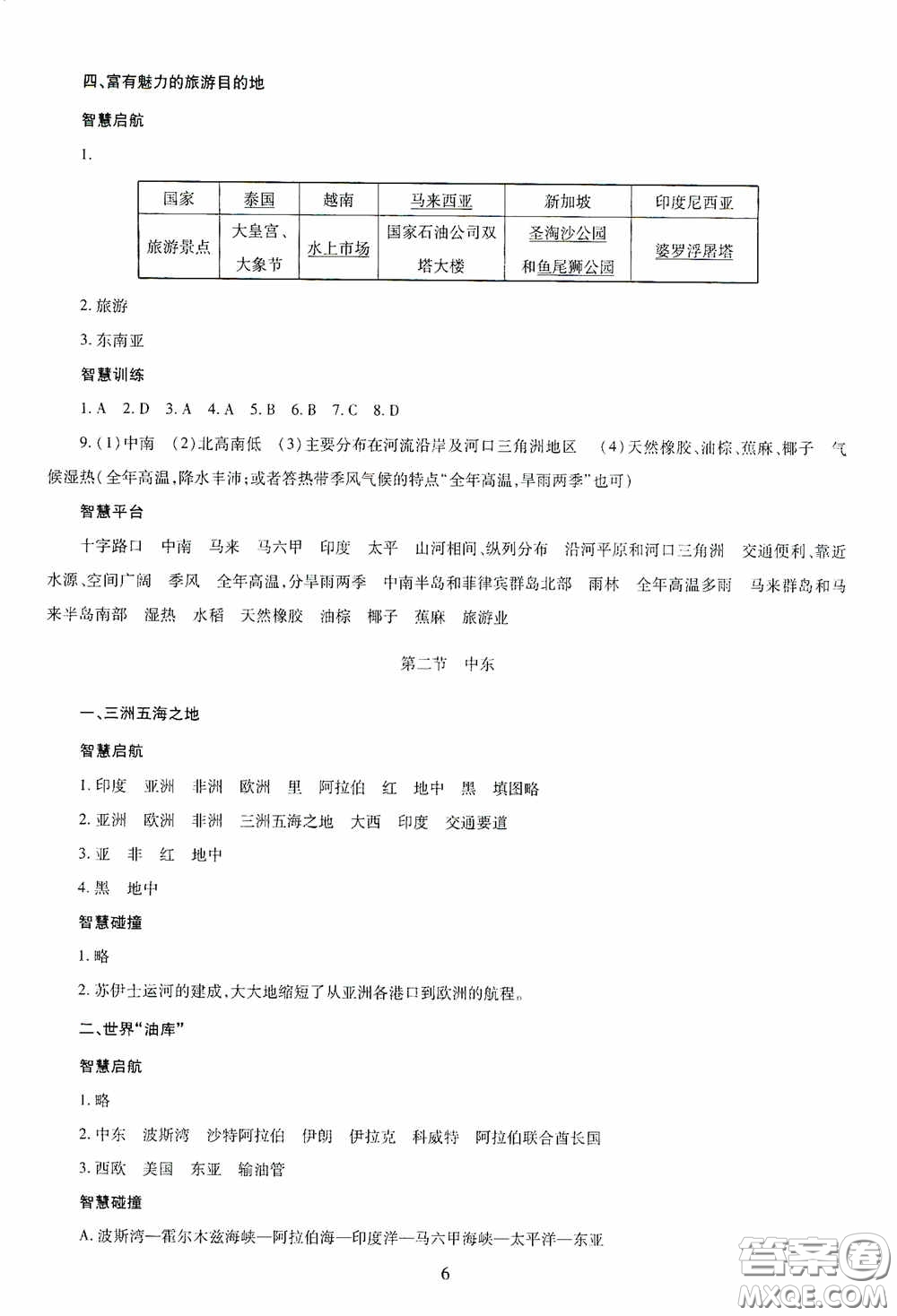 明天出版社2020智慧學(xué)習(xí)七年級地理下冊答案