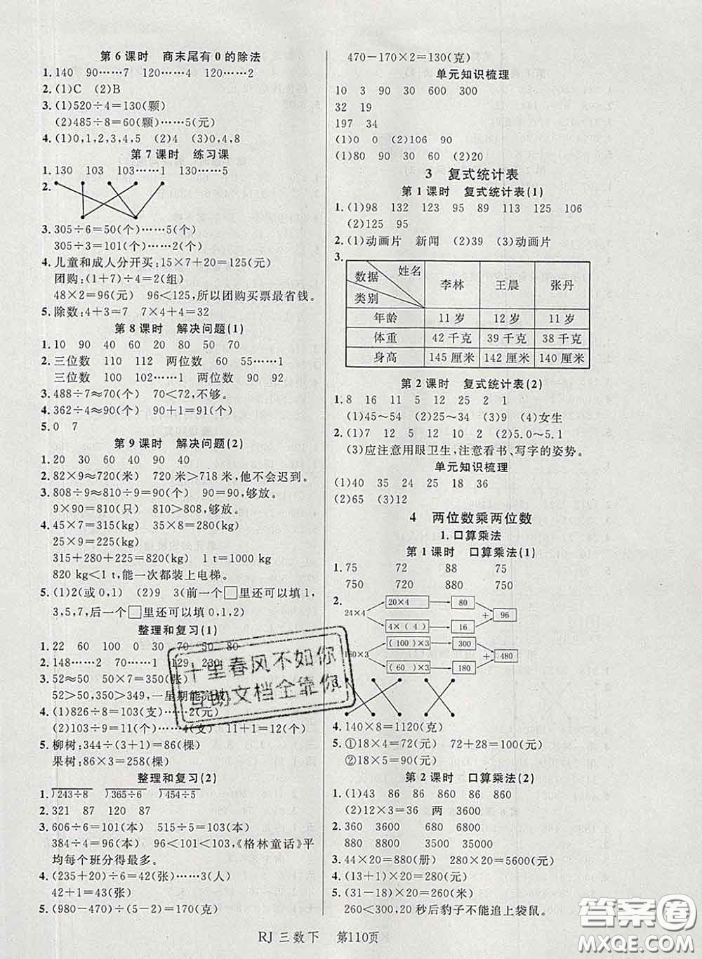 2020春品至教育小狀元隨堂手冊三年級數(shù)學(xué)下冊人教版參考答案