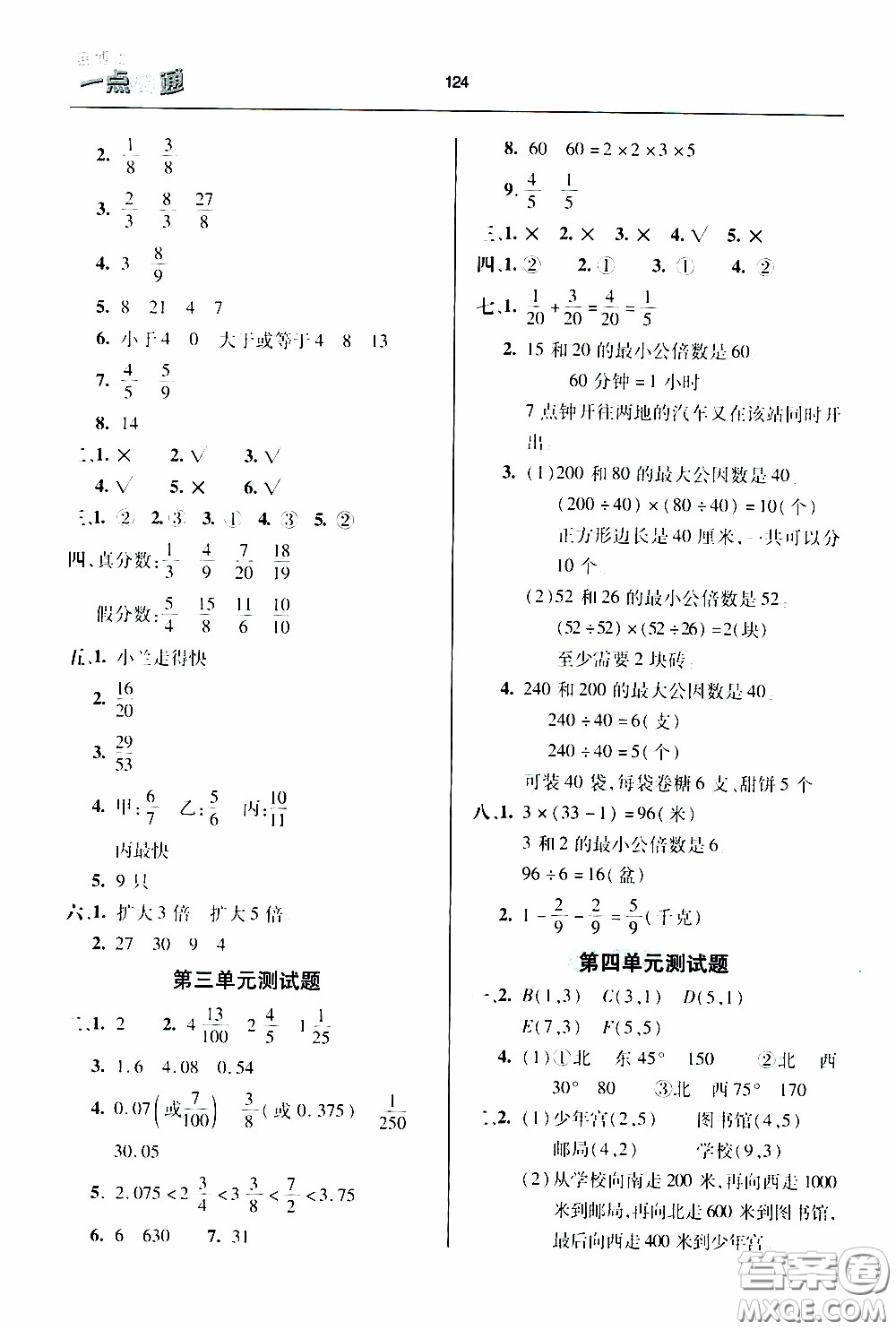 2020年金博士一點(diǎn)全通數(shù)學(xué)五年級(jí)下冊(cè)青島版參考答案