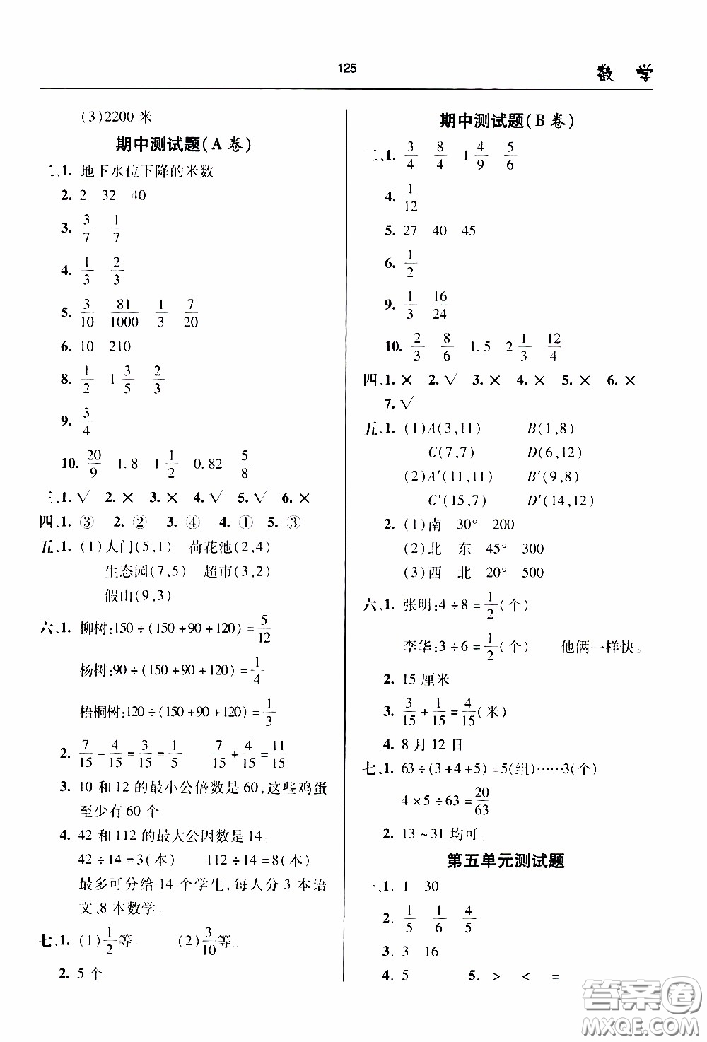 2020年金博士一點(diǎn)全通數(shù)學(xué)五年級(jí)下冊(cè)青島版參考答案